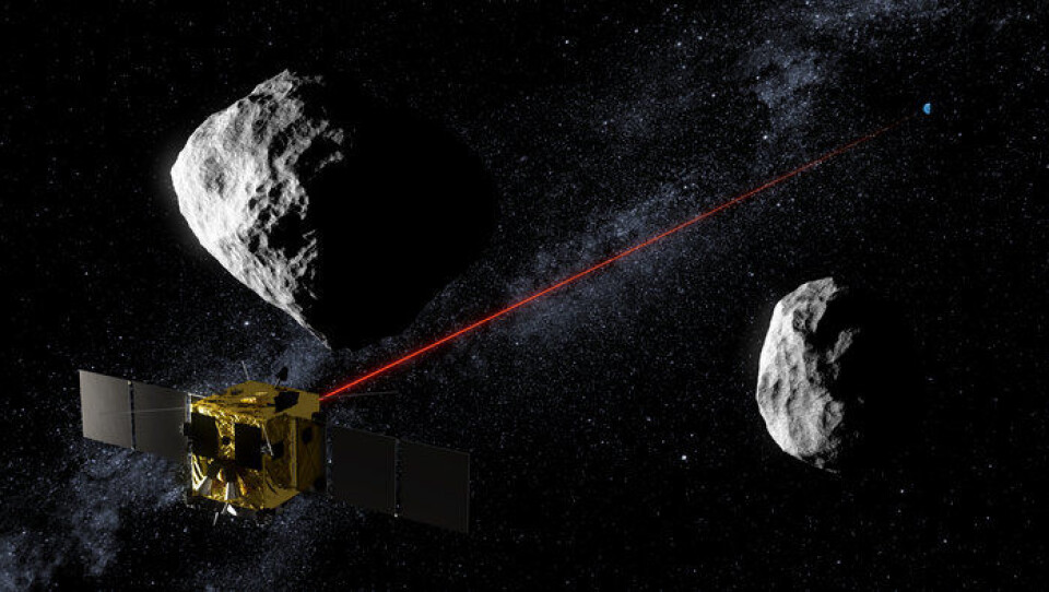 ESAs asteroidesonde AIM (Asteroid Impact Mission) skal undersøke dobbeltasteroiden Didymos, teste forsvarsmetode mot asteroider og kommunisere med jorda via ny laserteknologi. (Foto: ESA)