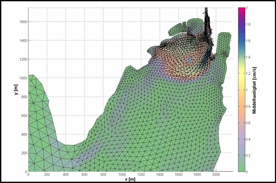 Modellen av havnebassenget i Moss viser tydelig den karakteristiske virvelen som skapes av strømmen fra Mossekanalen. (Foto: (Illustrasjon: Høgskolen i Buskerud og Vestfold))