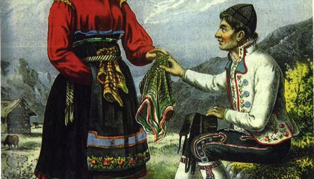 Illustrasjon av et ungt par fra publikasjonen Norsk bondeliv utgitt i 1850-årene. (Bilde: Adolph Tidemand) Illustrasjon av et ungt par fra publikasjonen Norsk bondeliv utgitt i 1850-årene. (Bilde: Adolph Tidemand)