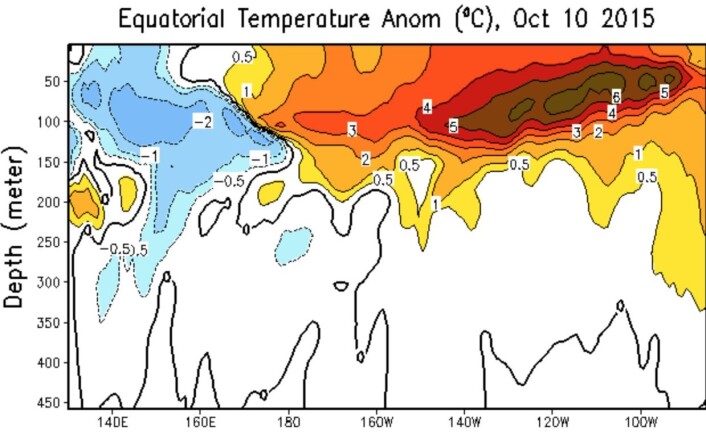 Mye varmt vann under havoverflaten ved ekvator øst i Stillehavet 10. oktober. (Bilde: NOAA) Mye varmt vann under havoverflaten ved ekvator øst i Stillehavet 10. oktober. (Bilde: NOAA)