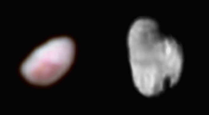 Plutos to små måner Nix og Hydra vender ikke samme side mot Pluto slik vår måne gjør. Årsaken kan kanskje være at den større månen Charon forstyrrer dem. Nix (til venstre) er her vist i forsterkede farger og månen Hydra, til høyre, i svart hvitt. (Foto: (Fotomontasje: NASA/JHUAPL/SWRI)) Plutos to små måner Nix og Hydra vender ikke samme side mot Pluto slik vår måne gjør. Årsaken kan kanskje være at den større månen Charon forstyrrer dem. Nix (til venstre) er her vist i forsterkede farger og månen Hydra, til høyre, i svart hvitt. (Foto: (Fotomontasje: NASA/JHUAPL/SWRI))