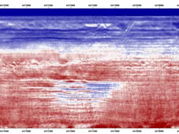 Seismic model that shows thin layers of Co2 at the Sleipner field in 2008. The variations of the sound are represented by different colours. Red is high speed, blue is low.