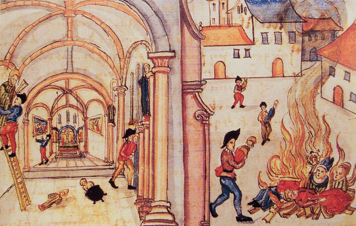 Brenning av religiøse gjenstander og figurer i Zürich i 1524. (Foto: (Illustrasjon: Ukjent)) Brenning av religiøse gjenstander og figurer i Zürich i 1524. (Foto: (Illustrasjon: Ukjent))