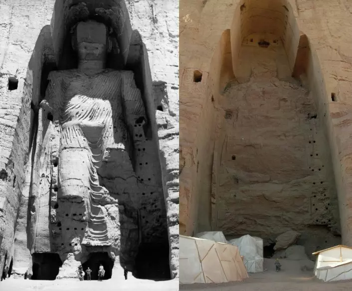 Den høyeste Buddha-statuen i Bamyiandalen. Bildet til venstre er fra 1963, mens bildet til høyre er tatt i 2008.   (Foto: UNESCO/CC BY-SA 3.0)