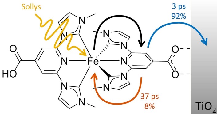 Når lys rammer det nye solcellemolekylet, hopper en elektron fra jernatomet i midten (Fe) til yttersiden av molekylet (svart pil). Herfra fortsetter den i 92 prosent av tilfellene til en nanopartikkel av titandioksid (TiO2), som er i forbindelse med en elektrode, og da kan elektronet inngå i et elektrisk kretsløp (blå pil). I de siste åtte prosentene av tilfellene faller elektronet bare tilbake igjen (rød pil). (Foto: (Illustrasjon: T. Harlang) ) Når lys rammer det nye solcellemolekylet, hopper en elektron fra jernatomet i midten (Fe) til yttersiden av molekylet (svart pil). Herfra fortsetter den i 92 prosent av tilfellene til en nanopartikkel av titandioksid (TiO2), som er i forbindelse med en elektrode, og da kan elektronet inngå i et elektrisk kretsløp (blå pil). I de siste åtte prosentene av tilfellene faller elektronet bare tilbake igjen (rød pil). (Foto: (Illustrasjon: T. Harlang) )