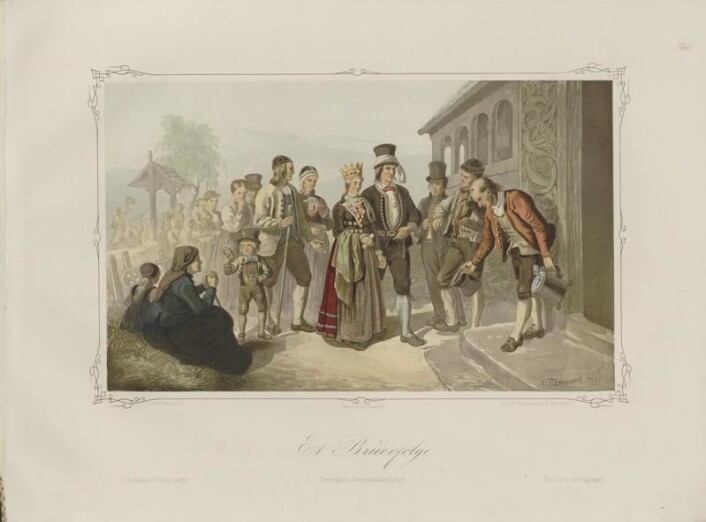 Illustrasjon av et brudefølge, hentet fra boka Norske Folkelivsbilleder av Adolph Tidemand. Boka ble gitt ut i 1854. (Foto: Wikimedia Commons/Nasjonalbiblioteket) Illustrasjon av et brudefølge, hentet fra boka Norske Folkelivsbilleder av Adolph Tidemand. Boka ble gitt ut i 1854. (Foto: Wikimedia Commons/Nasjonalbiblioteket)
