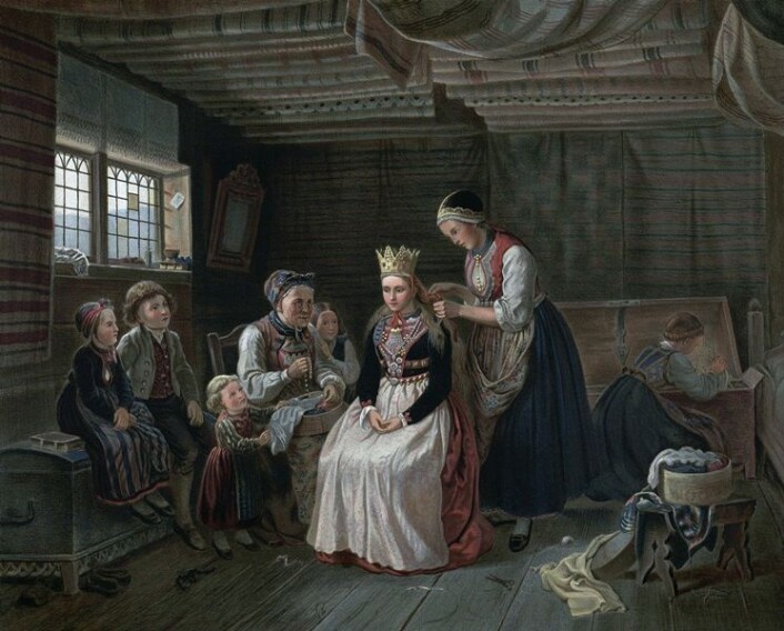 Denne illustrasjonen av Adolph Tidemand viser den omfattende prosessen bruden skulle gjennom før hun var klar til vielsen. (Foto: Wikimedia Commons/Nasjonalbiblioteket) Denne illustrasjonen av Adolph Tidemand viser den omfattende prosessen bruden skulle gjennom før hun var klar til vielsen. (Foto: Wikimedia Commons/Nasjonalbiblioteket)