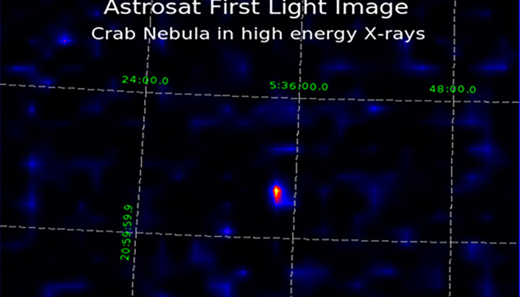 Krabbetåken står fram som en gulrød flekk i dette aller første bildet som det første indiske romteleskopet Astrosat har tatt i røntgenstråler. (Bilde: Indian Space Research Organisation – ISRO) Krabbetåken står fram som en gulrød flekk i dette aller første bildet som det første indiske romteleskopet Astrosat har tatt i røntgenstråler. (Bilde: Indian Space Research Organisation – ISRO)