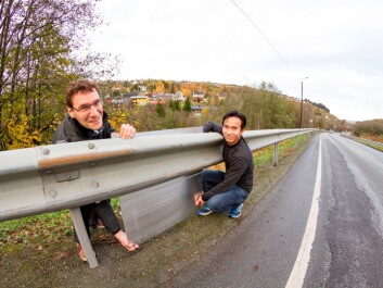 Standard guardrails in Norway are often installed where the ground falls away from the roadside. Houses that are to be screened from noise in such locations usually lie somewhat lower than the source of noise. Taking this as the basic situation, SINTEF scientists Dirk Nolte (left) and Nguyen Hieu Hoang investigated how aluminium noise-barriers could be directly mounted on guardrails. (Photo: Thor Nielsen, SINTEF) Standard guardrails in Norway are often installed where the ground falls away from the roadside. Houses that are to be screened from noise in such locations usually lie somewhat lower than the source of noise. Taking this as the basic situation, SINTEF scientists Dirk Nolte (left) and Nguyen Hieu Hoang investigated how aluminium noise-barriers could be directly mounted on guardrails. (Photo: Thor Nielsen, SINTEF)