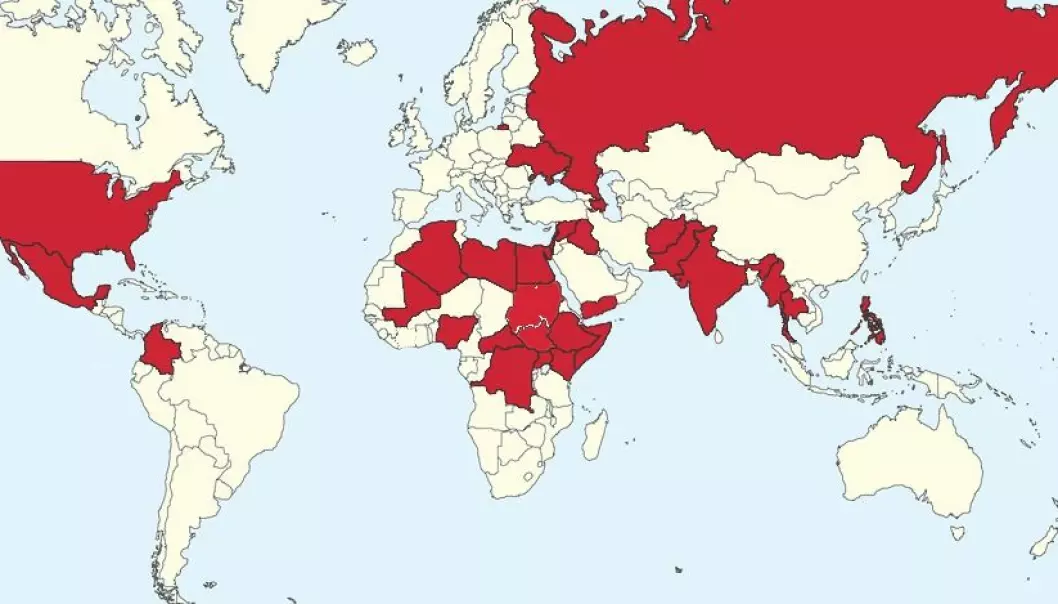 I disse landene ble mennesker drept i 2014 som et resultat av organisert vold.  (Bilde: Fra UCDP/Uppsala universitet sin konfliktdatabase.)