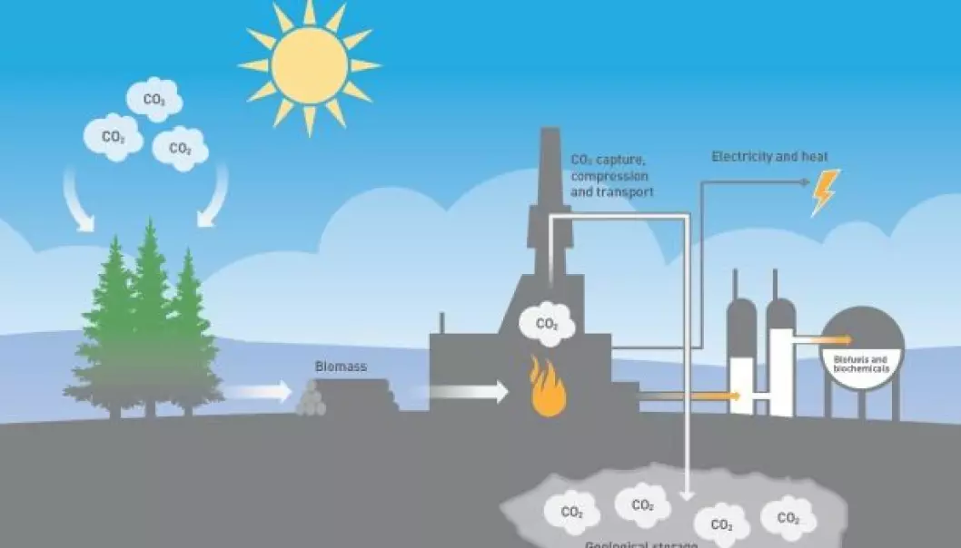 If we capture, transport and deposit the carbon dioxide that is liberated when biomass is burned, and store it permanently in the ground, we can actually remove carbon dioxide from the atmosphere. (Illustration: Doghouse.no)