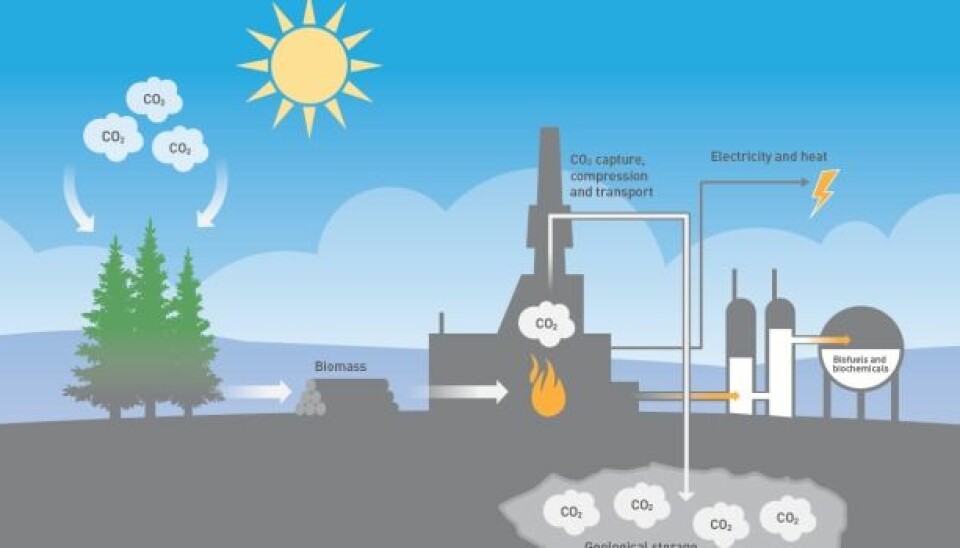 If we capture, transport and deposit the carbon dioxide that is liberated when biomass is burned, and store it permanently in the ground, we can actually remove carbon dioxide from the atmosphere. (Illustration: Doghouse.no)