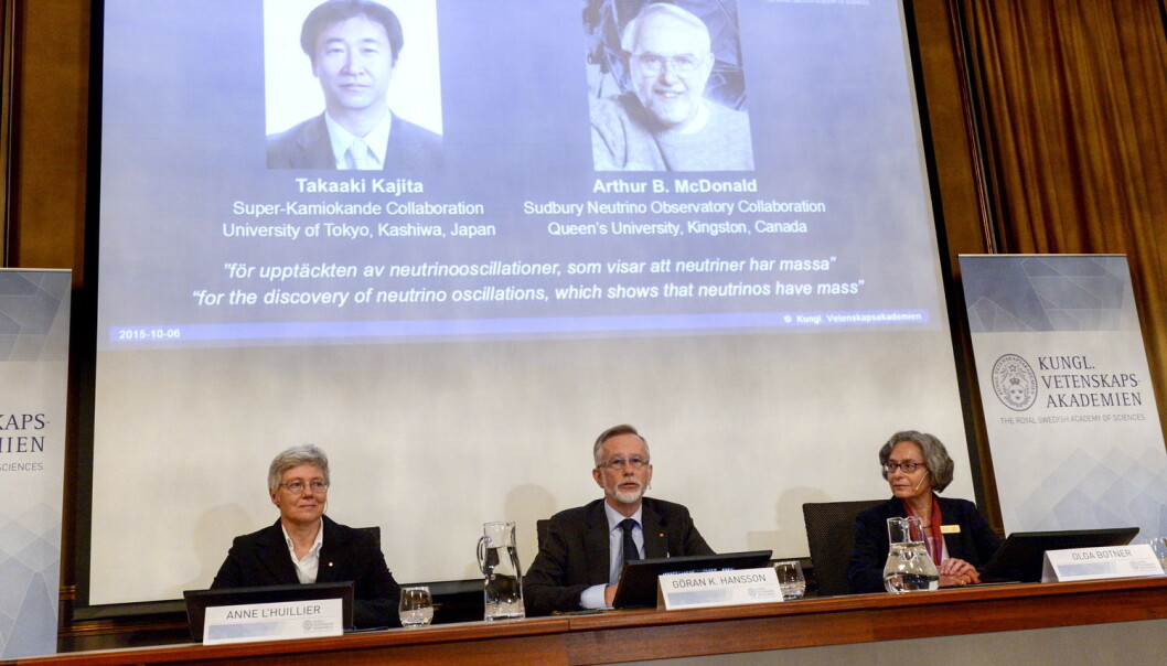 Tirsdag ble det offentliggjort at Takaaki Kajita (Japan) og Arthur B. McDonald (Canada) skal dele årets nobelpris i fysikk. (Foto: TT News Agency, Reuters) Tirsdag ble det offentliggjort at Takaaki Kajita (Japan) og Arthur B. McDonald (Canada) skal dele årets nobelpris i fysikk. (Foto: TT News Agency, Reuters)