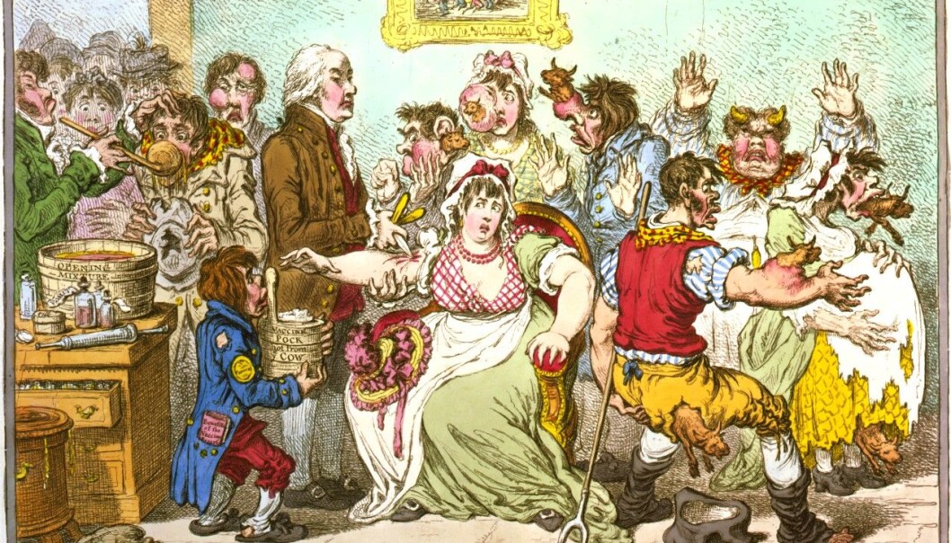 Skepsisen mot vaksiner er like gammel som vaksinen selv. Da vaksinen mot kopper kom snakket folk om at man kunne utvikle ku-lignende trekk av vaksinen som inneholdt kukopper. Den britiske satirikeren James Gillray dro det enda lenger i denne tegningen fra 1802. (Foto: James Gillray/Library of Congress, Prints & Photographs Division/Wikimedia Commons) Skepsisen mot vaksiner er like gammel som vaksinen selv. Da vaksinen mot kopper kom snakket folk om at man kunne utvikle ku-lignende trekk av vaksinen som inneholdt kukopper. Den britiske satirikeren James Gillray dro det enda lenger i denne tegningen fra 1802. (Foto: James Gillray/Library of Congress, Prints & Photographs Division/Wikimedia Commons)