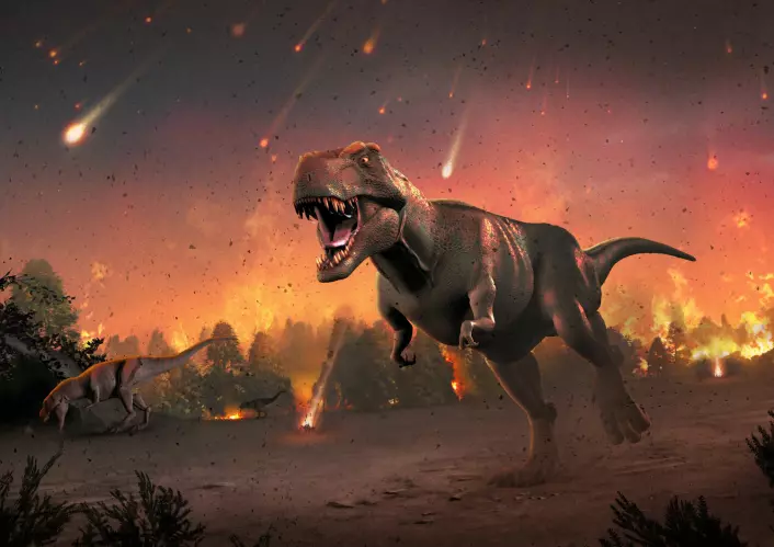 Et høydramatisk bilde som viser hvordan det KAN ha sett ut da en Tyrannosaurus Rex var så uheldig å være i live da asteroiden slo ned.  (Foto: (Illustrasjon: Science Photo Library))
