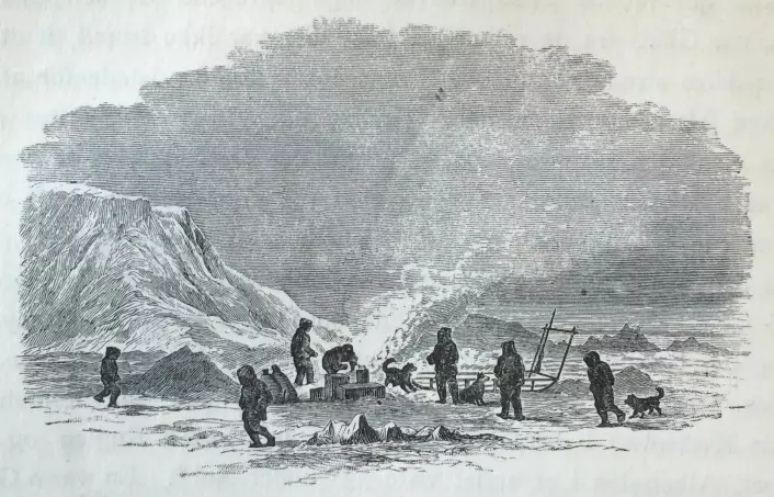 "Snesmeltning under Rast". Under den første sledereisen på Frans Josefs land. Payer 1877, s. 230. (Foto: (tegning: Julius Payer))