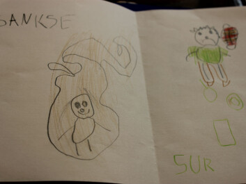 The image shows one of the study's participants drawing and spelling the word "sandbox". In Norwegian the correct spelling is "sandkasse". The image shows one of the study's participants drawing and spelling the word "sandbox". In Norwegian the correct spelling is "sandkasse".