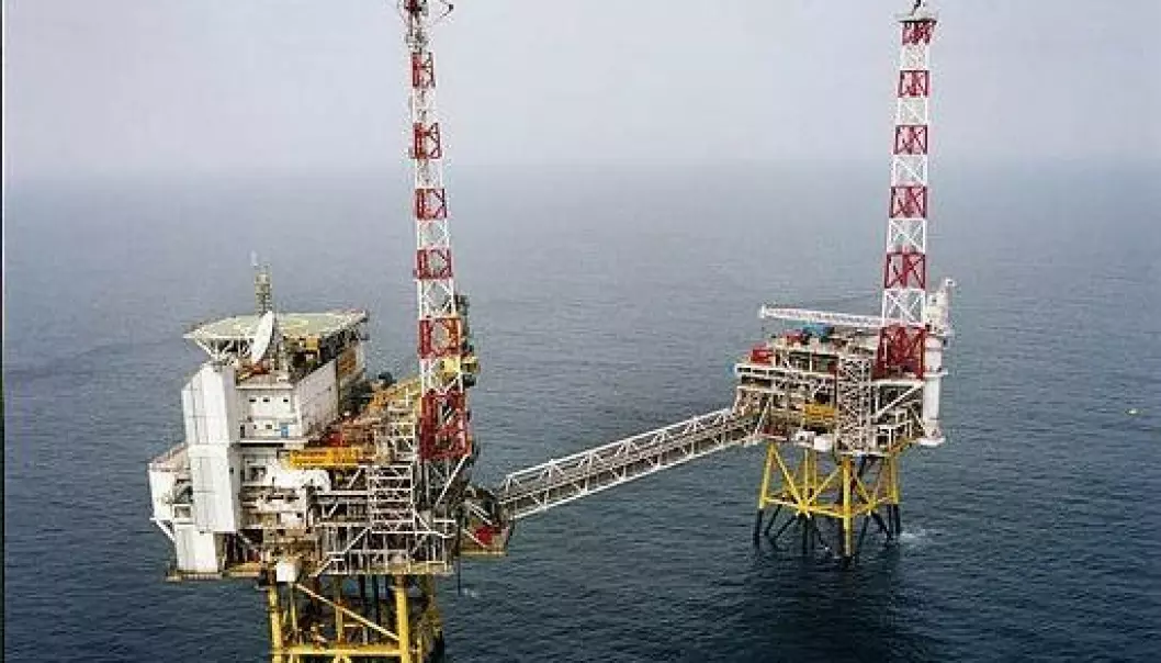 The oil platform Draupner S (in front) with living arrangements was installed in 1984. Draupner E. is an unmanned platform installed in the summer of 1994. The platforms are in the Noth Sea between Norway and Scottland  and are the junction of all gas piping in the North Sea.