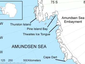 The Amundsen Sea continental shelf spans about 315000 square kilometers and extends approximately 300 kilometers in an east-west direction. (Map: Polargeo/Wikimedia commons.)