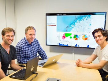 The SINTEF-researchers Ståle Walderhaug, Peter Haro and Jarle Ladstein are working with the screen displaying maps, colourful graphs and columns of numbers. (Photo: Thor Nielsen) The SINTEF-researchers Ståle Walderhaug, Peter Haro and Jarle Ladstein are working with the screen displaying maps, colourful graphs and columns of numbers. (Photo: Thor Nielsen)