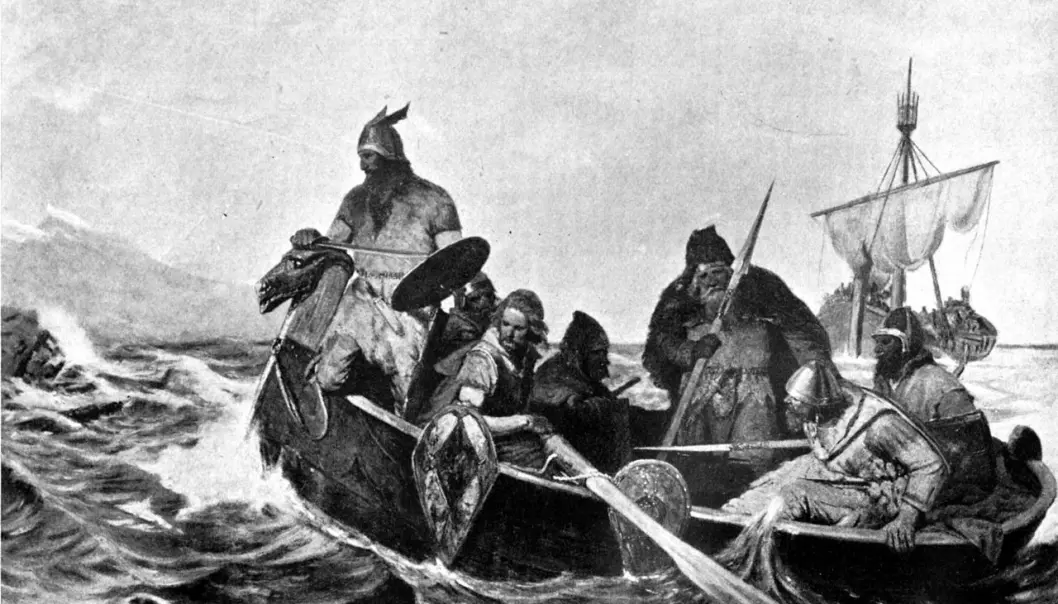 A black-and-white reproduction of a painting by Oscar Wergeland, showing Norsemen in a ship. (Illustration: Guerber, H. A.)