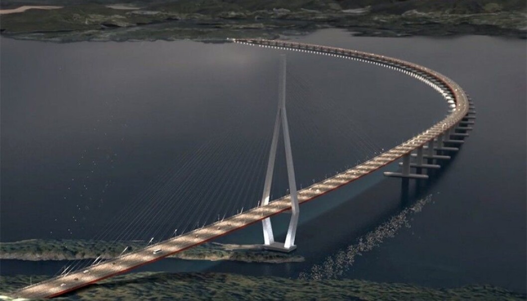 Here we see an illustration of the floating bridge across the Bjørnafjord. The distance to the first pontoon is more than 400 metres, which is more or less the same length as the main span of the Lysefjord bridge. (Illustration: SVV / ViaNova / Baezeni) Here we see an illustration of the floating bridge across the Bjørnafjord. The distance to the first pontoon is more than 400 metres, which is more or less the same length as the main span of the Lysefjord bridge. (Illustration: SVV / ViaNova / Baezeni)