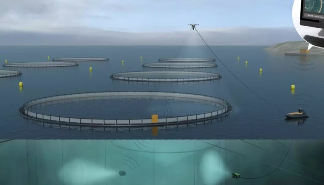 An autonomous vessel plays one of the key roles as part of the unmanned fish farm facility currently under development in Trondheim. (Illustration: Sintef)