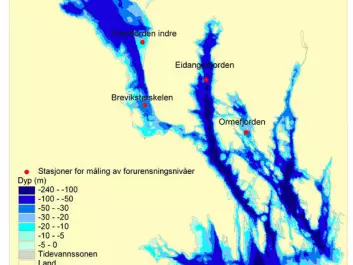 The distribution of depths in the Grenland fjords. The darker the blue, the deeper the water. Stations for gauging dioxin and furan levels are indicated with red dots. A black line shows the southern boundary of the area where the Food Safety Authority has issued cautions about consumption of fish and shellfish.