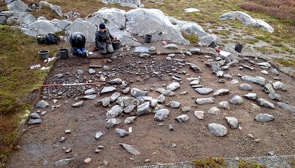 Photo shows the excavation of a reused Norwegian tent site at Mohalsen in Vega municipality in Nordland county. The site is dated to approximately 8300 BCE. Archaeologist Silje Fretheim is on the right. (Photo: Hein B. Bjerck)