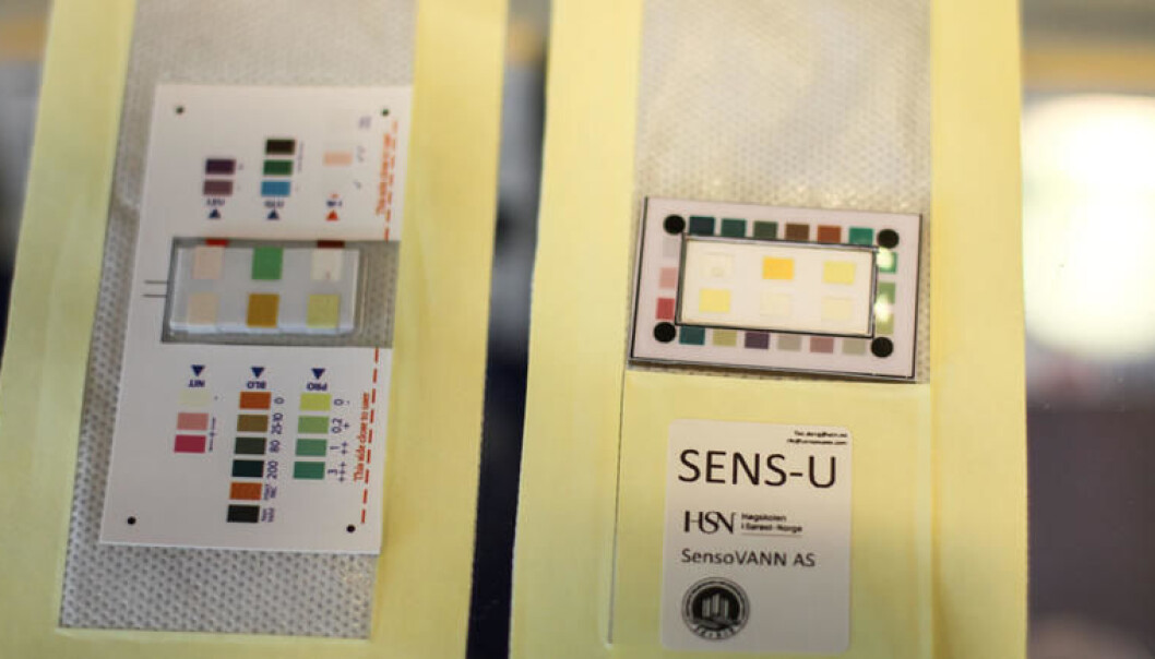The diaper liner SENS-U also contains a colorchart. Results can be read manually, og scanned with a mobile-app. (Photo: An-Magritt Larsen, USN) The diaper liner SENS-U also contains a colorchart. Results can be read manually, og scanned with a mobile-app. (Photo: An-Magritt Larsen, USN)
