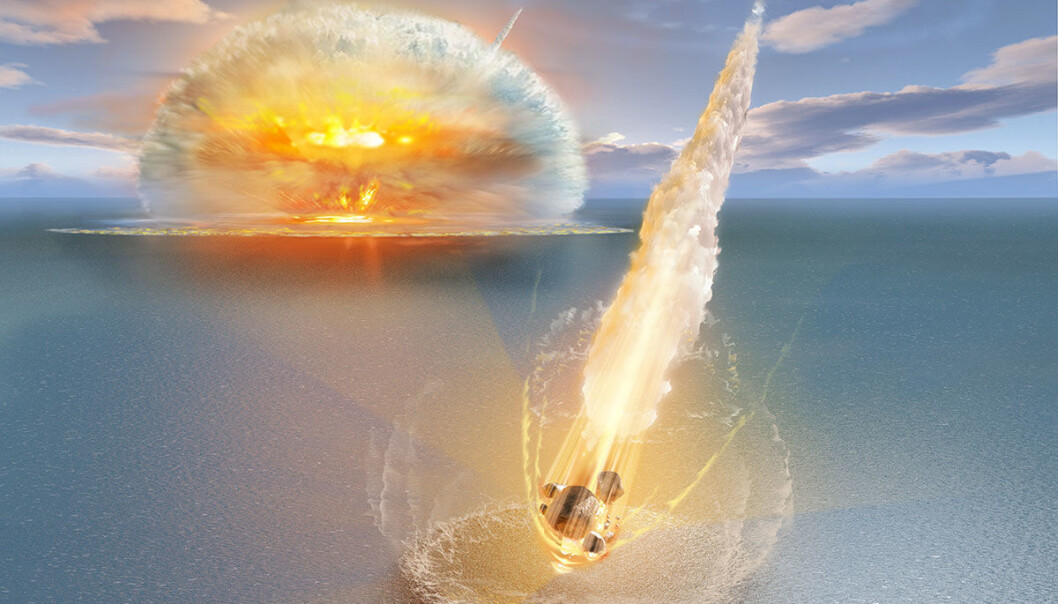 Slik kan asteroidenedslagene ha sett ut. (Illustrasjon: Don Dixon, copyright Erik Sturkell) Slik kan asteroidenedslagene ha sett ut. (Illustrasjon: Don Dixon, copyright Erik Sturkell)