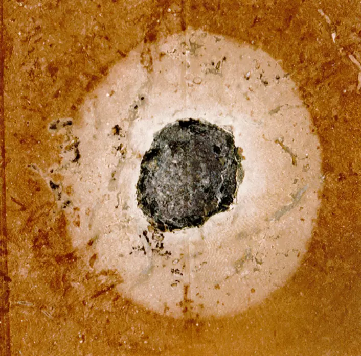 En asteroiderest bevart i et stykke rød sandstein funnet i et steinbrudd i Kinnekulle i Sør-Sverige.  (Foto: Maurits Lindström)