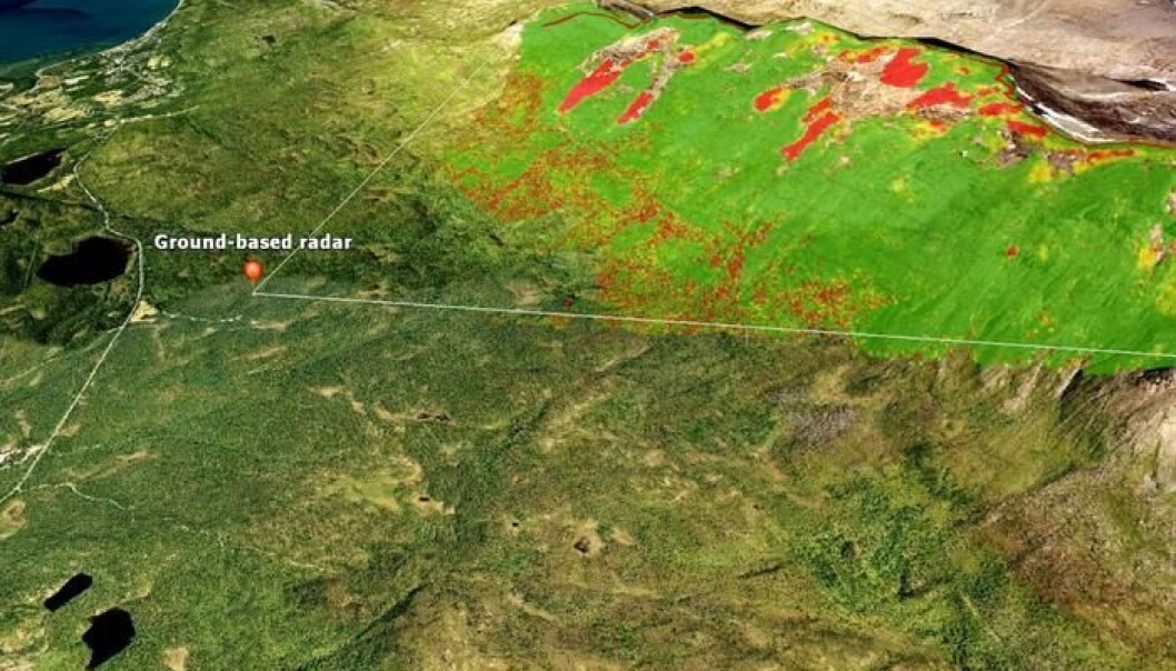 In August 2014, the ground-based radar measured large movements (marked in red) in the rock glaciers at Ádjet in Troms county. (Photo: Norut). In August 2014, the ground-based radar measured large movements (marked in red) in the rock glaciers at Ádjet in Troms county. (Photo: Norut).