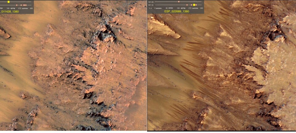 Disse linjene har man lenge trodd kan komme av veldig salt, flytende vann på Mars. Bildet til venstre er fra den kalde tiden på året, mens bildet til høyre er tatt i den marsiske sommeren. Nå tror forskere at de kan bekrefte at det faktisk er snakk om flytende, svært salt vann. Bildene er fra Newton-krateret på Mars, og ble tatt i 2011. (Foto: NASA)