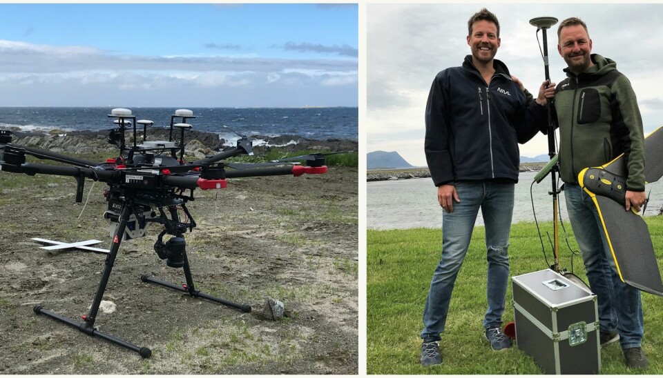 NIVA tested different drone types during their mapping of the intertidal zone at Søre Sunnmøre, Norway. A rotor drone is seen to the left, whereas the drone to the right is a fixed wing drone. NIVA researcher Kasper Hancke and drone pilot Robert Poulsen from Spectrofly company to the right.