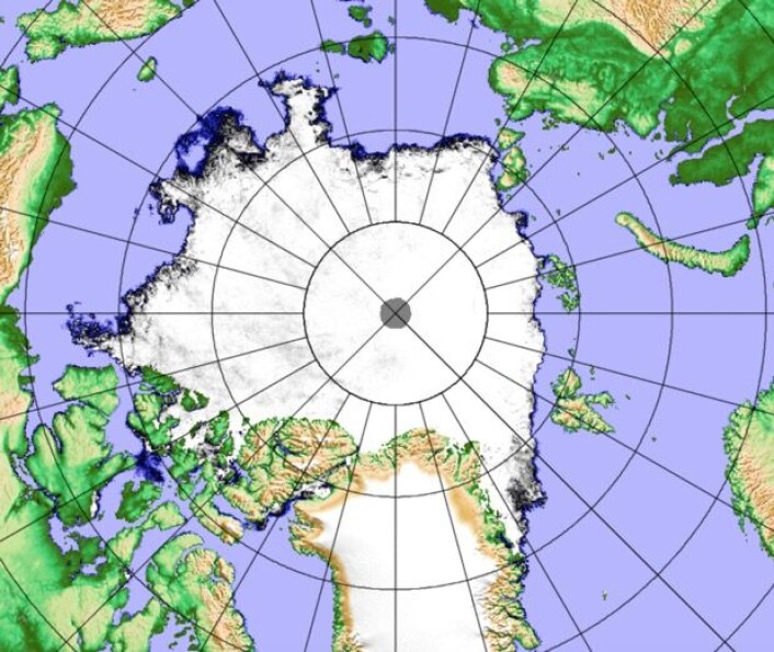 Sjøisen i Arktis ved ukeslutt. (Bilde: JAXA / PolarView-Univ Bremen) Sjøisen i Arktis ved ukeslutt. (Bilde: JAXA / PolarView-Univ Bremen)
