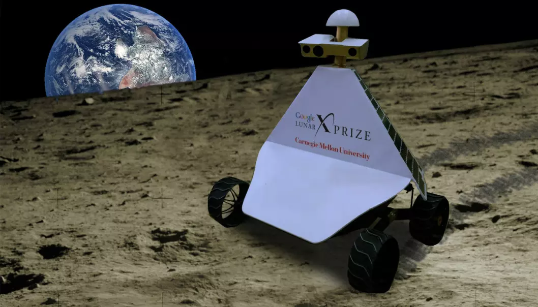 Månebilen Andy fra det amerikanske firmaet Astrobotics ligner litt på renovasjonsroboten Wall-E fra Disney-filmen av samme navn. Den skal etter planen sendes til månen i en Falcon-9-rakett fra SpaceX høsten 2016. På samme ferd følger to japanske månebiler, Moonraker og Tetris. Den bilen som først har tilbakelagt en halv kilometer og overført bilder og høyoppløselig video til jorda, har vunnet Google Lunar XPrize på 30 millioner dollar. (Bildemontasje: 90.5 WESA/Wikimedia Commons, Creative Commons Attribution-Share Alike 2.0 Generic license/NASA. Montasjen er laget av forskning.no)