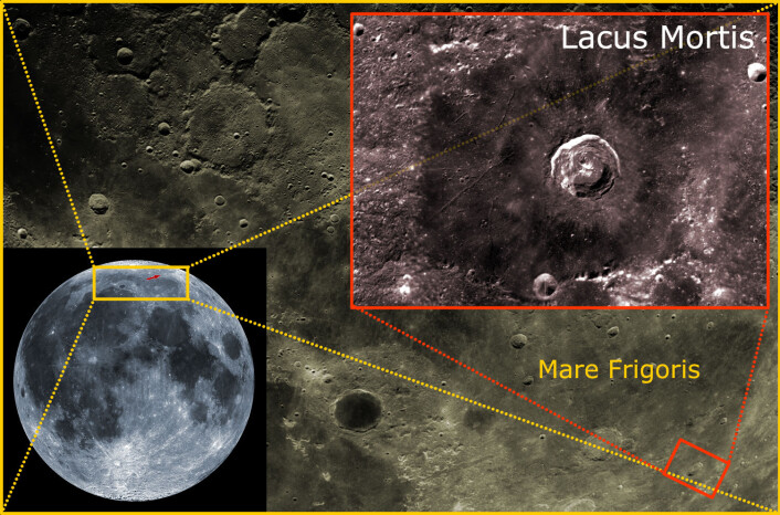 Lacus Mortis ligger nær månens sydpol. Her skal etter planen månelanderen Griffin fra det amerikanske firmaet Astrobotics lande høsten 2016, og landsette tre månebiler som vil konkurrere om Google Lunar XPrize på 30 millioner dollar. (Foto: (Bildemontasje: Arnfinn Christensen, forskning.no, basert på bilder av månen fra NASA)) Lacus Mortis ligger nær månens sydpol. Her skal etter planen månelanderen Griffin fra det amerikanske firmaet Astrobotics lande høsten 2016, og landsette tre månebiler som vil konkurrere om Google Lunar XPrize på 30 millioner dollar. (Foto: (Bildemontasje: Arnfinn Christensen, forskning.no, basert på bilder av månen fra NASA))