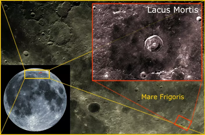 Lacus Mortis ligger nær månens sydpol. Her skal etter planen månelanderen Griffin fra det amerikanske firmaet Astrobotics lande høsten 2016, og landsette tre månebiler som vil konkurrere om Google Lunar XPrize på 30 millioner dollar. (Foto: (Bildemontasje: Arnfinn Christensen, forskning.no, basert på bilder av månen fra NASA))