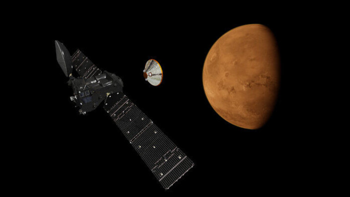 Landingsmodulen Schiaparelli (t.h.) settes fri fra Trace Gas Orbiter ved Mars i oktober 2016. Tilsammen utgjør de to romsondene det europeisk-russiske prosjektet ExoMars 2016. (Foto: ESA) Landingsmodulen Schiaparelli (t.h.) settes fri fra Trace Gas Orbiter ved Mars i oktober 2016. Tilsammen utgjør de to romsondene det europeisk-russiske prosjektet ExoMars 2016. (Foto: ESA)