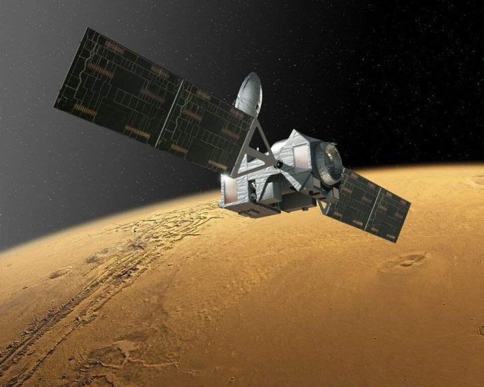 Trace Gas Orbiter skal undersøke atmosfæren på Mars og blant annet finne ut om metanet der skyldes biologisk eller geologisk aktivitet. Romsonden er en del av ExoMars 2016. (Foto: ESA)