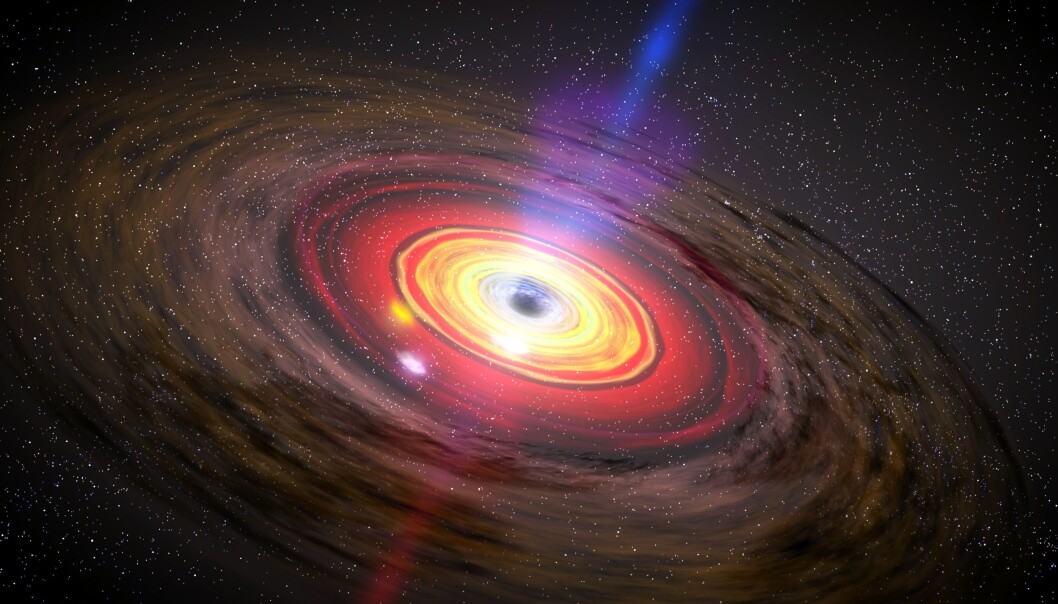 Materie omkring et sort hull trekkes inn i det på omtrent samme måte som vann forsvinner ned i avløpet i et badekar. (Illustrasjon: NASA, D. Berry, SkyWorks Digital) Materie omkring et sort hull trekkes inn i det på omtrent samme måte som vann forsvinner ned i avløpet i et badekar. (Illustrasjon: NASA, D. Berry, SkyWorks Digital)