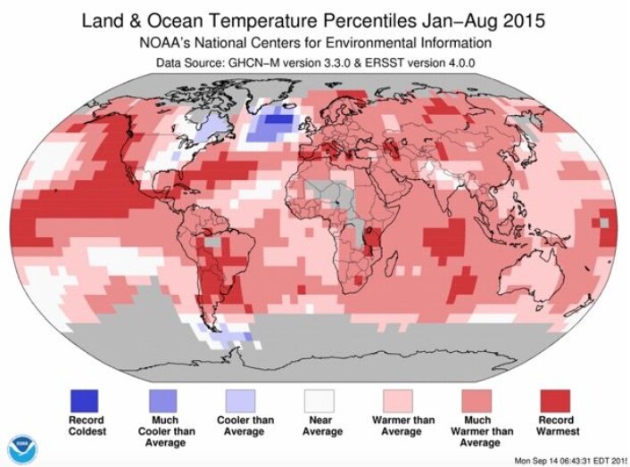 Det har vært rekordvarmt mange steder i verden så langt i 2015. (Bilde: NOAA) Det har vært rekordvarmt mange steder i verden så langt i 2015. (Bilde: NOAA)