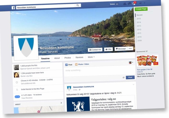 Både administrasjonen og ordføreren i Nesodden kommune bruker Facebook for å holde kontakten med befolkningen, finne ut hva de lurer på og fange opp ideer til saker som seinere kan behandles politisk. (Foto: (Skjermdump: forskning.no)) Både administrasjonen og ordføreren i Nesodden kommune bruker Facebook for å holde kontakten med befolkningen, finne ut hva de lurer på og fange opp ideer til saker som seinere kan behandles politisk. (Foto: (Skjermdump: forskning.no))