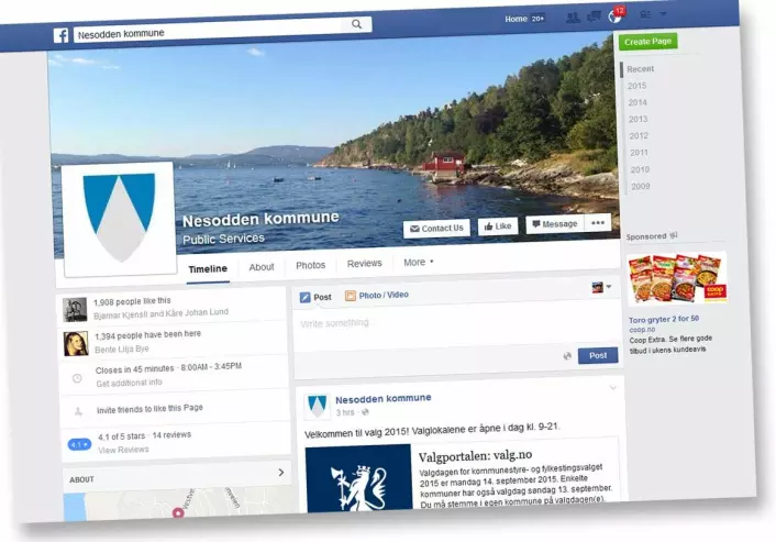 Både administrasjonen og ordføreren i Nesodden kommune bruker Facebook for å holde kontakten med befolkningen, finne ut hva de lurer på og fange opp ideer til saker som seinere kan behandles politisk. (Foto: (Skjermdump: forskning.no))