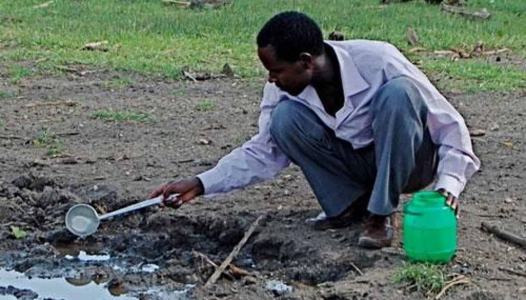 PhD-student Fekadu Massebo collecting mosquito larva. (Photo: Bernt Lindtjørn) PhD-student Fekadu Massebo collecting mosquito larva. (Photo: Bernt Lindtjørn)