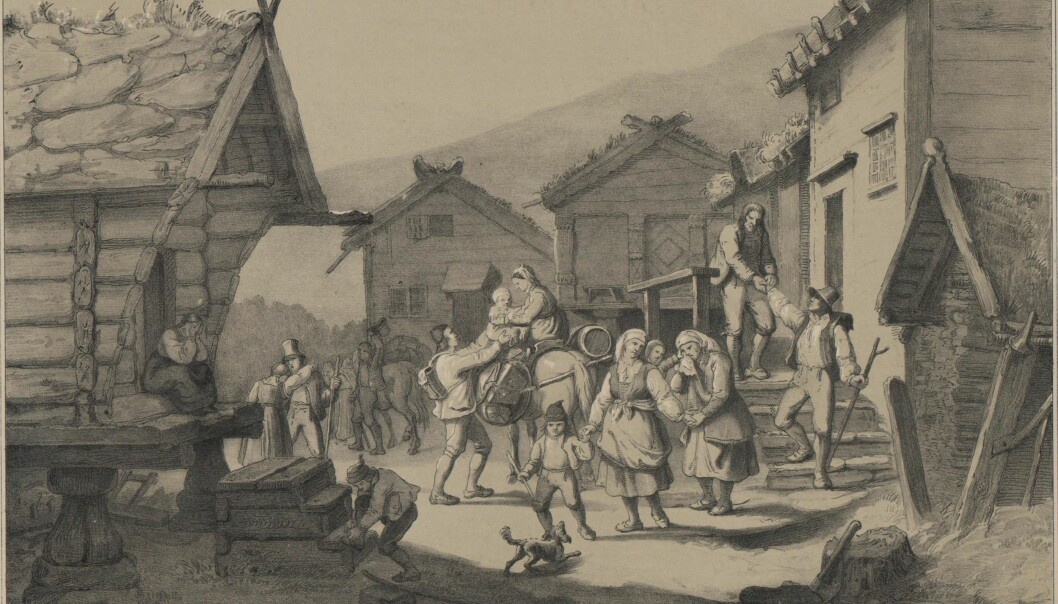 «Udvandring», illustrasjon etter et maleri av Adolph Tidemand til Norge fremstillet i Tegninger utgitt 1848, viser et reisefølge av norske utvandrere som tar avskjed i hjembygda tidlig på 1800-tallet. (Kilde: Nasjonalbiblioteket)