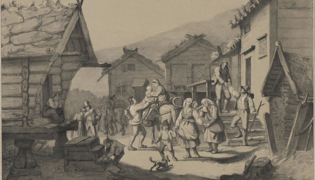 «Udvandring», illustrasjon etter et maleri av Adolph Tidemand til Norge fremstillet i Tegninger utgitt 1848, viser et reisefølge av norske utvandrere som tar avskjed i hjembygda tidlig på 1800-tallet. (Kilde: Nasjonalbiblioteket) «Udvandring», illustrasjon etter et maleri av Adolph Tidemand til Norge fremstillet i Tegninger utgitt 1848, viser et reisefølge av norske utvandrere som tar avskjed i hjembygda tidlig på 1800-tallet. (Kilde: Nasjonalbiblioteket)