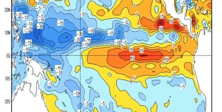 Det er betydelig høyere vannstand øst i Stillehavet nå, men den siste kelvinbølgen har ikke kommet helt inn til kysten av Sør-Amerika enda. (Bilde: NOAA) Det er betydelig høyere vannstand øst i Stillehavet nå, men den siste kelvinbølgen har ikke kommet helt inn til kysten av Sør-Amerika enda. (Bilde: NOAA)