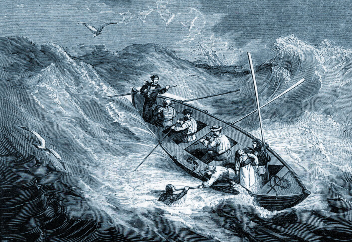Omgitt av vann, men i fare for å tøste ihjel: En livbåt i storm på begynnelsen av 1800-tallet. (Foto: (Illustrasjon: Mary Evans Picture)) Omgitt av vann, men i fare for å tøste ihjel: En livbåt i storm på begynnelsen av 1800-tallet. (Foto: (Illustrasjon: Mary Evans Picture))
